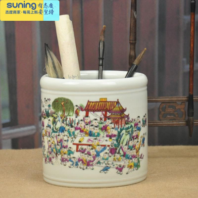 希杰狮王青花瓷手绘超大笔筒画笔毛书画缸兰花20花瓶插书房摆件百子图直径20