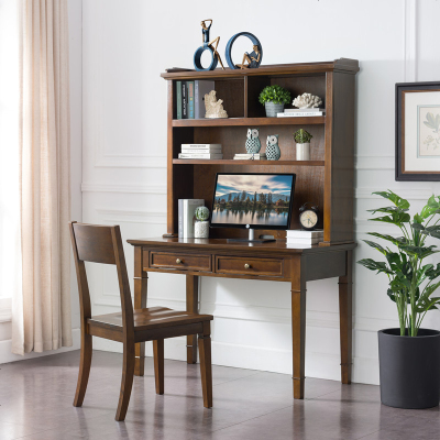 美式书桌书架组合书柜一体家用实木电脑桌简约写字台办公桌学习桌