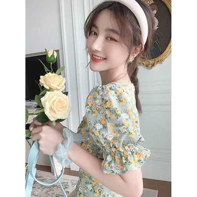 语娄油画风小清新裙子雪纺法式收腰遮肚碎花连衣裙小雏菊大码女装长裙2021大码女装