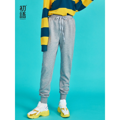 初语原宿bf时尚裤子女新款松紧腰字母印花休闲运动小脚卫裤