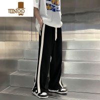 YANXU美式高街卫裤男ins潮直筒宽松百搭夏季条纹垂坠开叉感阔腿拖地裤
