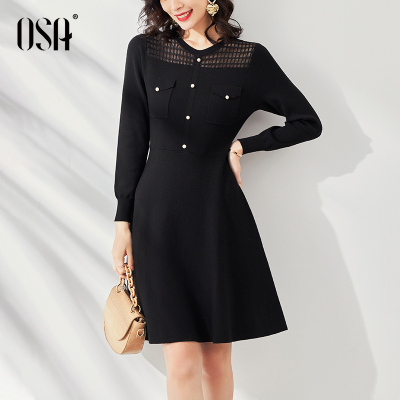 折后叠券预估价:230-OSA秋装2020年新款女长袖打底针织连衣裙修身显瘦赫本风小黑裙子