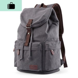 复古帆布双肩包男士休闲背包时尚潮流学生书包男简约电脑包旅行包NEW LAKE 蓝黑色