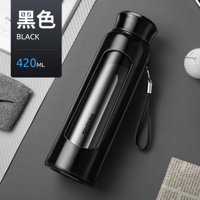 家柏饰(CORATED)玻璃杯带盖防摔泡茶杯男士双层过滤家用水杯便携杯子女随手杯 黑色420ML