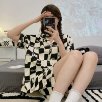 夏季新款睡衣女翻领开衫短袖短裤大码卡通可爱两件套家居服可外穿_1