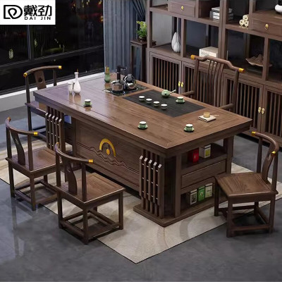 戴劲茶桌椅组合办公室功夫茶几泡茶台套装一体家用小户型喝茶桌 1.6米厚德载物+1梳背椅+4月牙椅