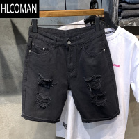HLCOMAN高街潮牌黑色破洞牛仔短裤男士直筒五分裤夏薄款中裤韩版潮流马裤