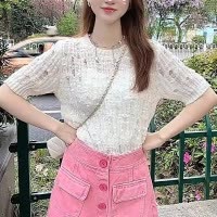 洋气亮片镂空短袖针织衫女夏新款设计感气质显瘦打底圆领上衣T恤