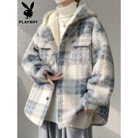 花花公子羊羔绒棉衣男士冬季新款潮流格子宽松保暖连帽棉服外套男