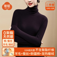 暖绒发热堆堆领打底衫女内穿蚕丝上衣含羊毛保暖内衣加绒厚秋衣冬