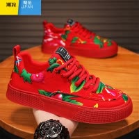 聚范帆布男鞋夏季透气小众设计休闲板鞋厚底东北红色大花运动布鞋