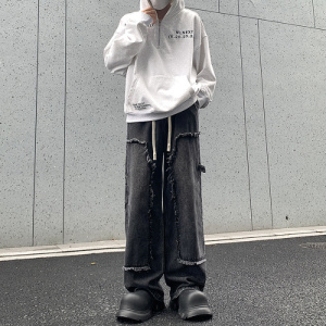 花边男士牛仔裤宽松直筒港风牛仔裤男百搭多色松紧学生拖地裤潮牌