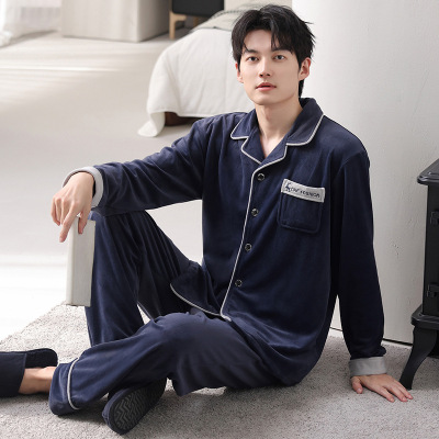 男士睡衣海岛绒冬季长袖长裤简约加厚高级新款加大码家居服套装