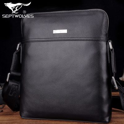 七匹狼真皮单肩包黑色头层牛皮斜挎包时尚百搭商务背包竖款包包男士纯皮软皮包生日礼物默认颜色