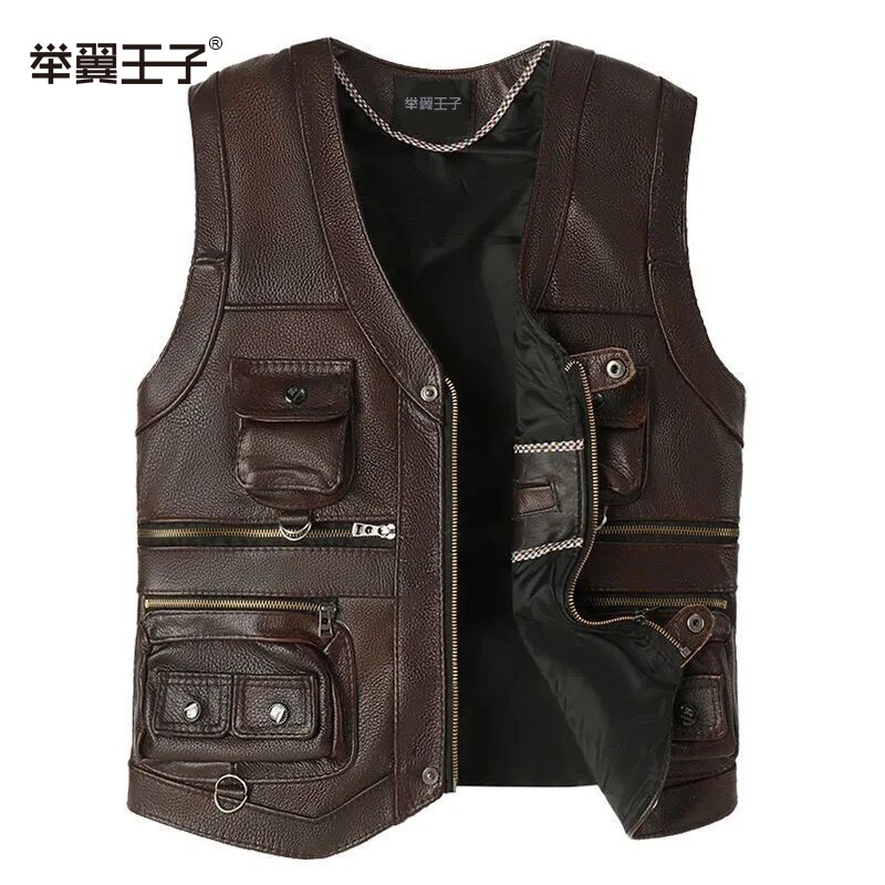 举翼王子男装马甲真皮牛皮马甲中老年V领坎肩户外防风多袋摄影真皮外套爸爸装