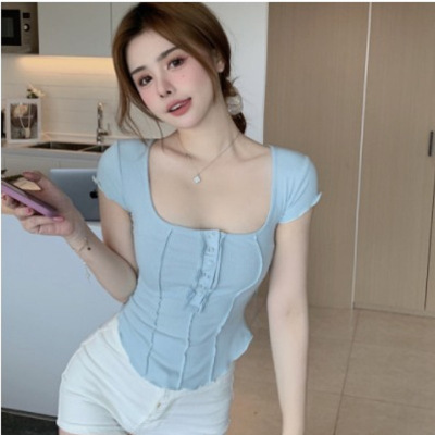 打底衫女夏季新款短袖T恤女装韩版修身不规则大U领上衣女潮