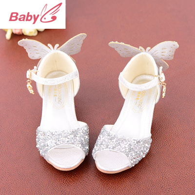 SUNTEK女童凉鞋2021新款时尚公主女孩子银白色水晶软网红走秀儿童高跟鞋凉鞋童