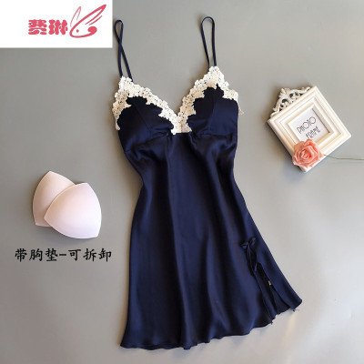 睡衣女士蕾丝吊带睡裙女夏带胸垫性感可爱冰丝情调衣人家居服费琳