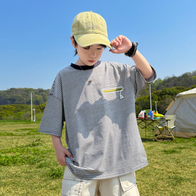 男童条纹短袖T恤夏装2026新款儿童装冰感半袖大童夏季上衣潮T