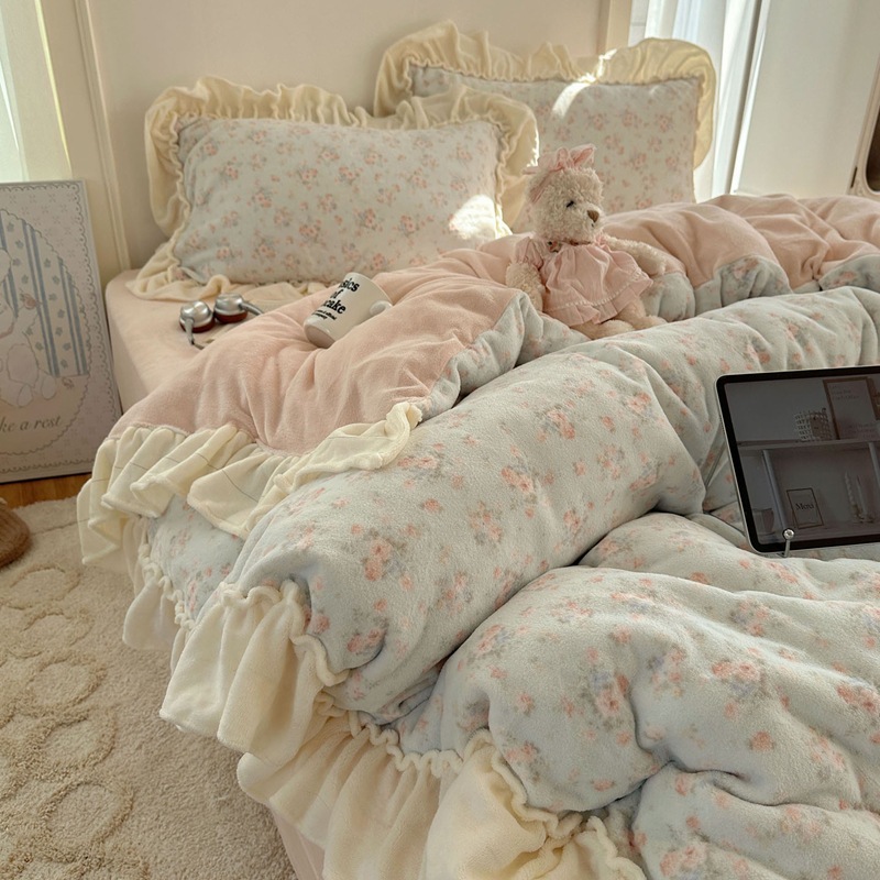 韩式小碎花A类牛奶绒床上四件套冬季加厚珊瑚绒被套床单人三件套