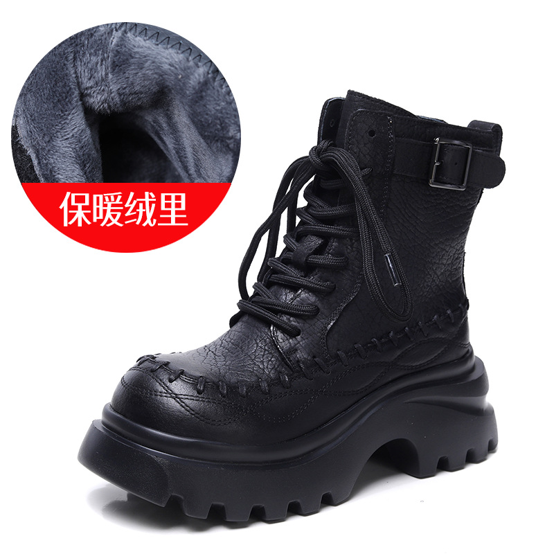 头层牛皮马丁靴女冬季新款复古百搭粗跟防滑侧拉链潮加绒短靴