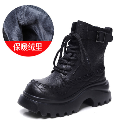 头层牛皮马丁靴女冬季新款复古百搭粗跟防滑侧拉链潮加绒短靴