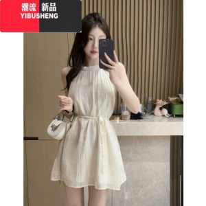 YIBUSHENG气质显瘦A字高级感白色收腰纯欲风短裙法式温柔风挂脖无袖连衣裙