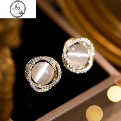 JiMi仿猫眼石耳钉女银银2022年新款潮小众设计感气质耳环耳夹无耳洞女