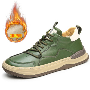 男鞋子牛皮欧洲站潮流百搭棕色复古真皮加绒休闲板鞋男士棉鞋