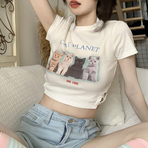 短款修身圆领短袖T恤女夏装韩版休闲高腰露脐修身显瘦上衣服女装