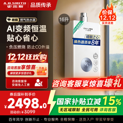 AO史密斯佳尼特16升燃气热水器佳尼特 不锈钢换热器8年包换 恒温大水量 抗风防冻 JSQ31-TC1