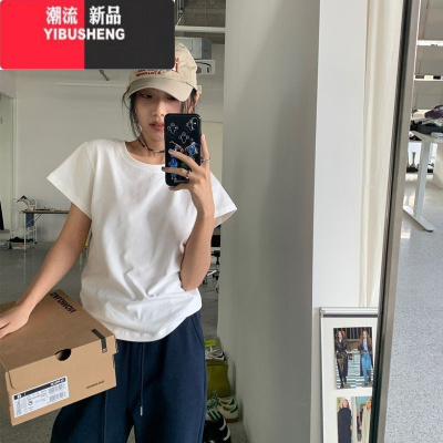 YIBUSHENG短袖T恤女季正肩上衣设计感纯色小飞袖ins修身款白色打底衫