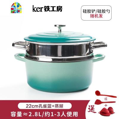 蒸锅笼屉铸珐琅不粘炖锅家用汤锅304不锈钢蒸笼小搪瓷锅 FENGHOU 22CM宝石红炖锅+蒸笼