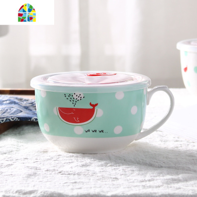 |韩式陶瓷泡面碗饭盒餐具创意汤碗套装可爱泡面杯带盖勺 FENGHOU 情侣女孩