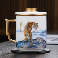 MULTIPOTENT玉瓷办公杯陶瓷带盖福气生财茶杯海川杯蓝工艺美术师郑雄伟作品