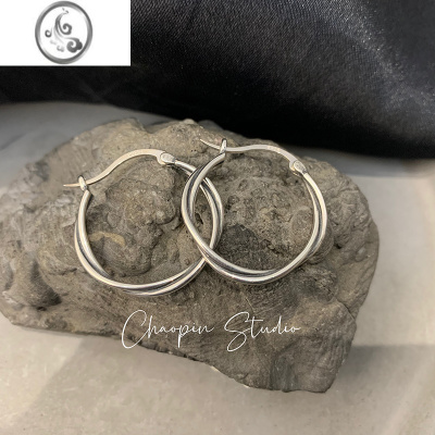 JiMi通体银韩s925银银麻花耳环民族风泰银复古做旧圆圈耳扣耳钉耳饰女