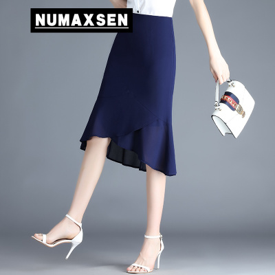 纽曼森（Numaxsen）半身裙女2021年新款夏季高腰包臀裙中长款不规则雪纺鱼尾一步裙