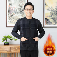 加绒加厚拼色条纹开衫外套秋冬中年男士保暖爸爸装羊毛衫提花开衫