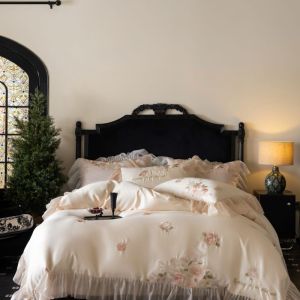 高档法式浪漫风100支澳棉四件套刺绣花边圆角床单闺蜜姐妹款床品