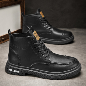 工装靴男士中帮秋季新款黑色马丁短靴厚底增高机车复古皮面男鞋