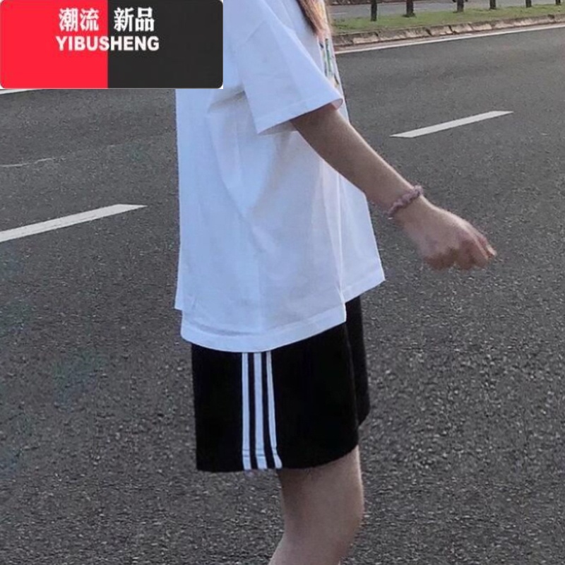 YIBUSHENG运动短裤女季2024新款高腰休闲宽松直筒五分裤学生条纹阔腿中裤