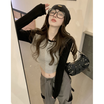 美式不规则短款T恤女装秋季新款辣妹长袖修身内搭打底衫上衣