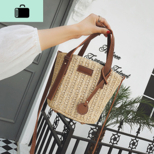 编包女斜挎编织水桶包女包2019新款时尚百搭手提包度假风沙滩包NEW LAKE 浅棕色女士单肩包 浅棕色