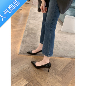 SUNTEK黑色高跟鞋女细跟2023春夏新款红底漆皮尖头性感裸色工作单鞋