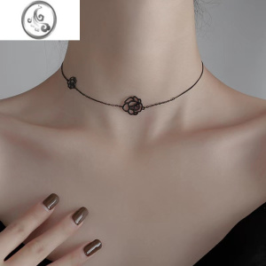 JiMi设计感镂空玫瑰花项链个性暗黑ins风短款锁骨链花朵时髦chock颈圈 玫瑰花项链黑金色925银
