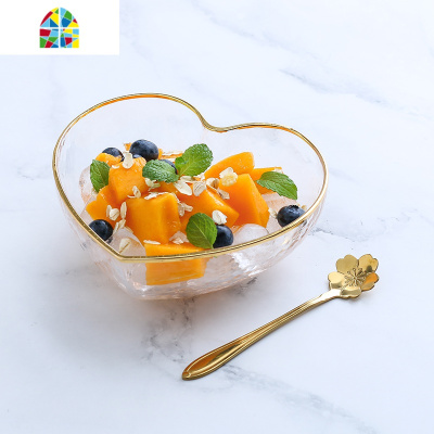 日式玻璃碗金边甜品碗燕窝盅创意玻璃水果沙拉碗糖水汤单个碗 FENGHOU 金心形碗中号+金四方碟送花勺