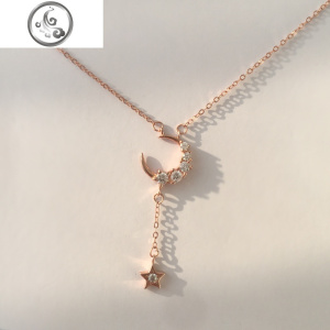 s925纯银冷淡风项链流苏星星月亮吊坠女简约气质短款送女友锁骨链 JiMi 玫瑰金星星月亮项链