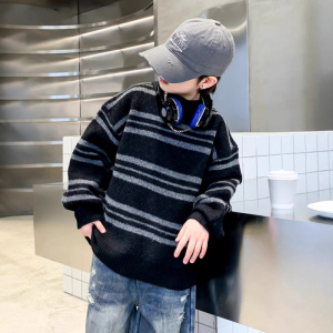 男童秋冬加厚条纹打底毛衣新款儿童男孩冬季酷帅针织衫上衣潮
