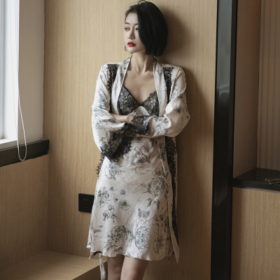 HLCOMAN新款冰丝睡衣女夏季丝绸家居服女春秋碎花蕾丝花边性感睡裙两件套睡裙