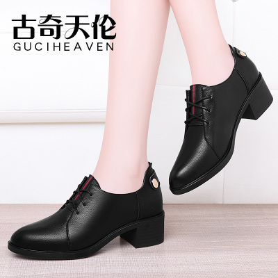 古奇天伦女士皮鞋女鞋牛皮粗跟2019新款秋季深口软皮黑色上班工作鞋中跟单鞋启隆9606